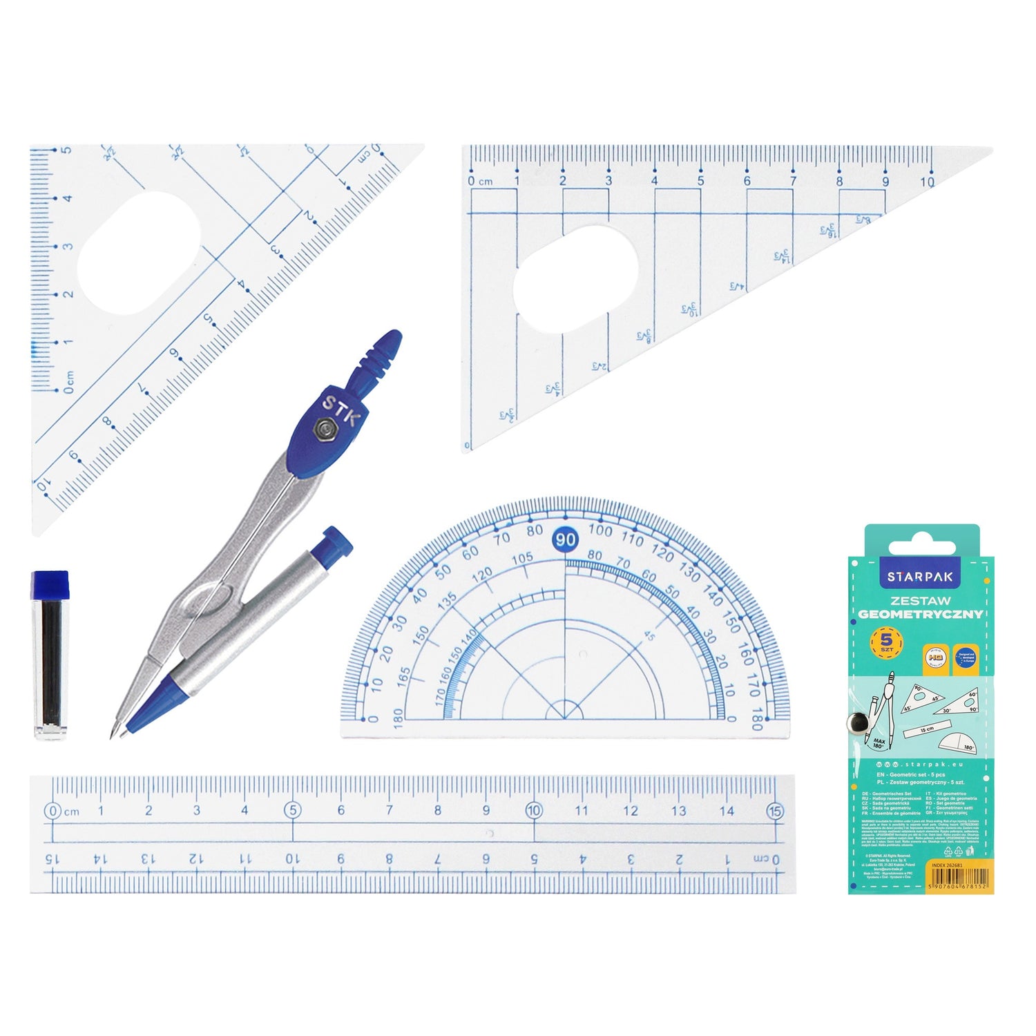 Cyrkiel metalowy plus zestaw geometryczny 4 elementy etui