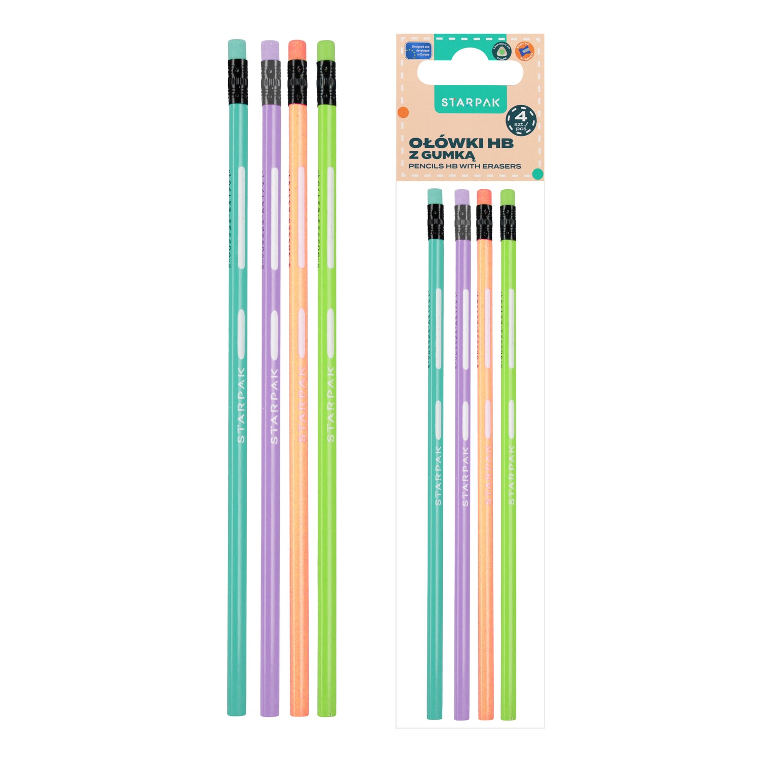 HB triangular pencil with eraser pastel pack of 4 pcs