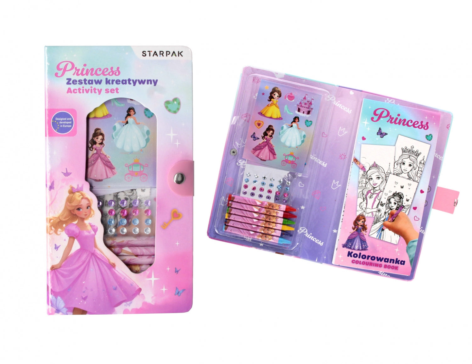 Zestaw kreatywny do kolorowania naklejki, kredki, diamenciki Princess