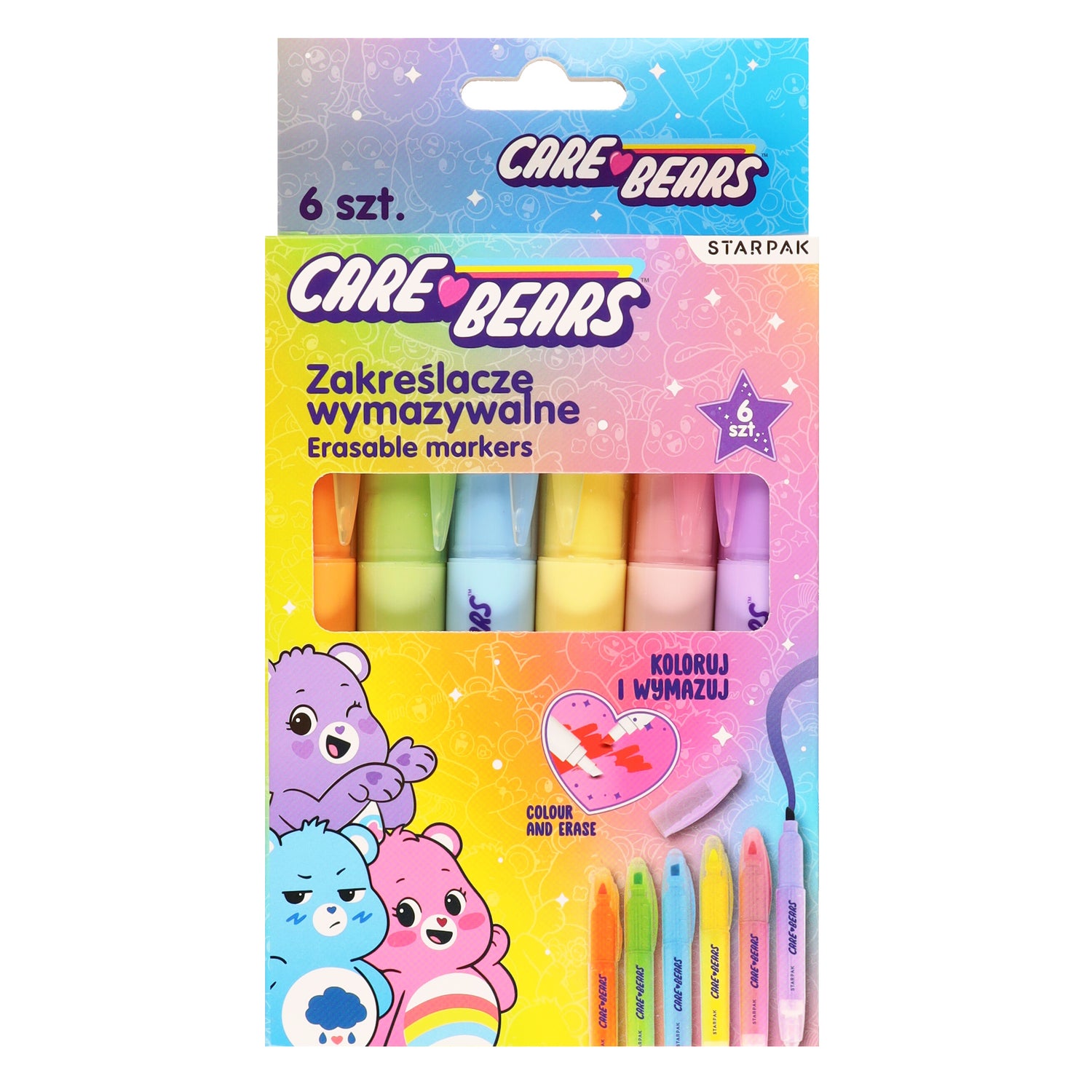 Zakreślacz wymazywalny 6 kolorów Care Bears