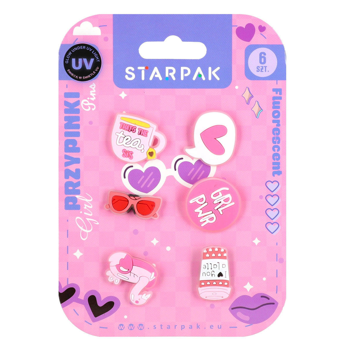 Przypinka gumowa pins op.6szt Girl fluo