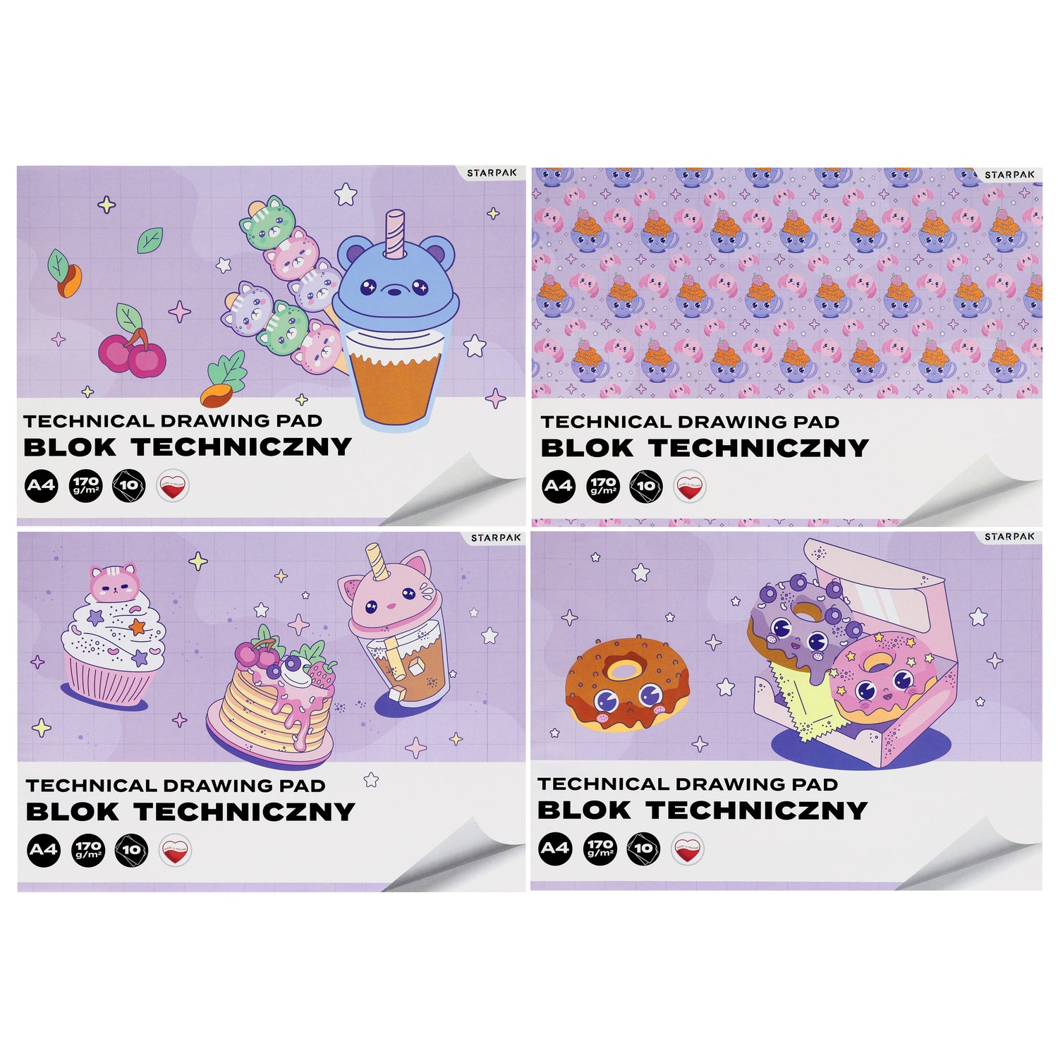 Blok techniczny A4/10K biały Kawaii 4 wzory A 10