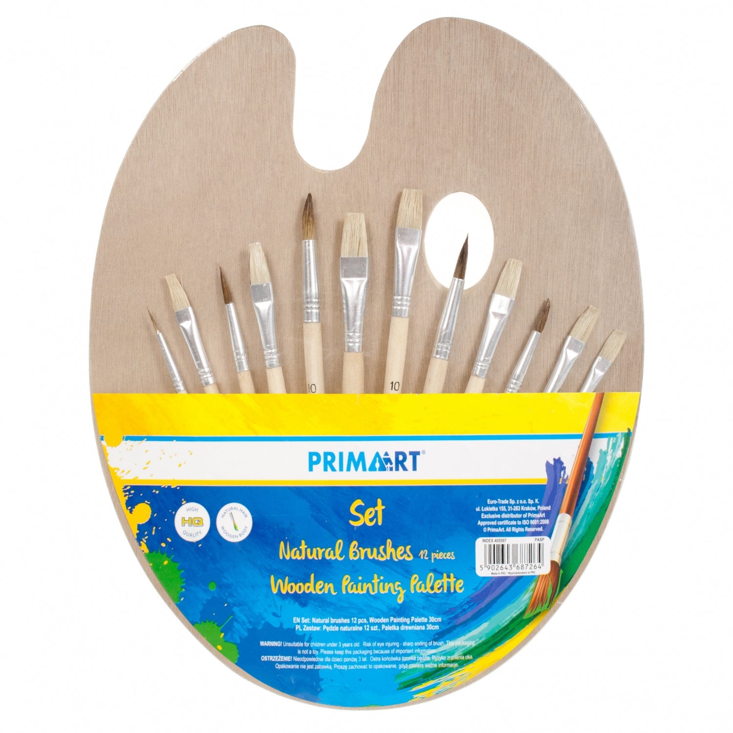 Paleta do farb owalna drewniana 30 cm z pędzlami