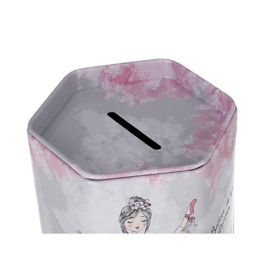 Hexagonal metal piggy bank Ballerina