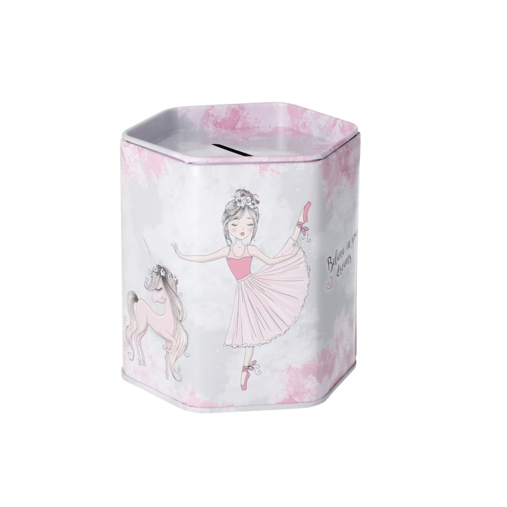 Hexagonal metal piggy bank Ballerina