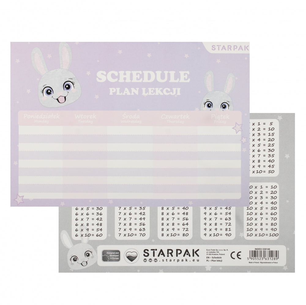 Plan lekcji A5 z tabliczką mnożenia Rabbit A 25