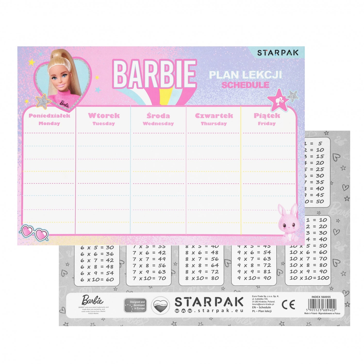 Plan lekcji A5 z tabliczką mnożenia Barbie2 A 25