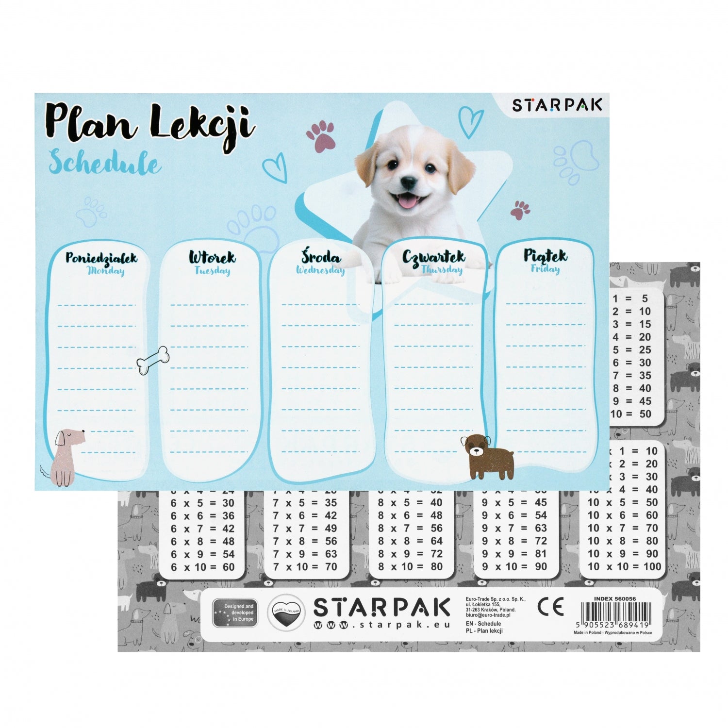 Plan lekcji A5 z tabliczką mnożenia Cuties Pieski2 A 25