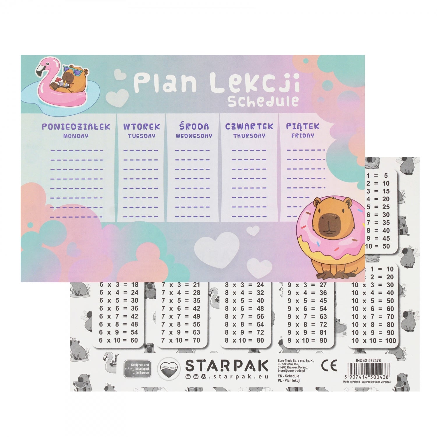 Plan lekcji A5 z tabliczką mnożenia Kapibara A 25