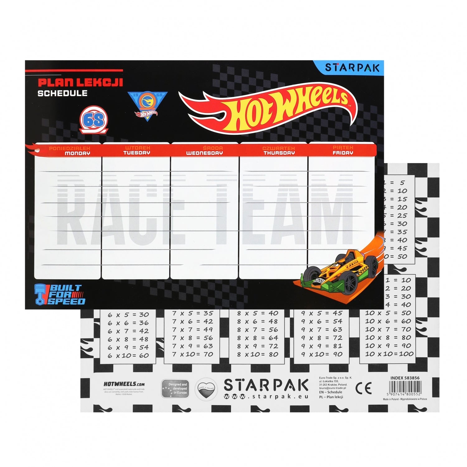 Plan lekcji A5 z tabliczką mnożenia Hot Wheels black A 25