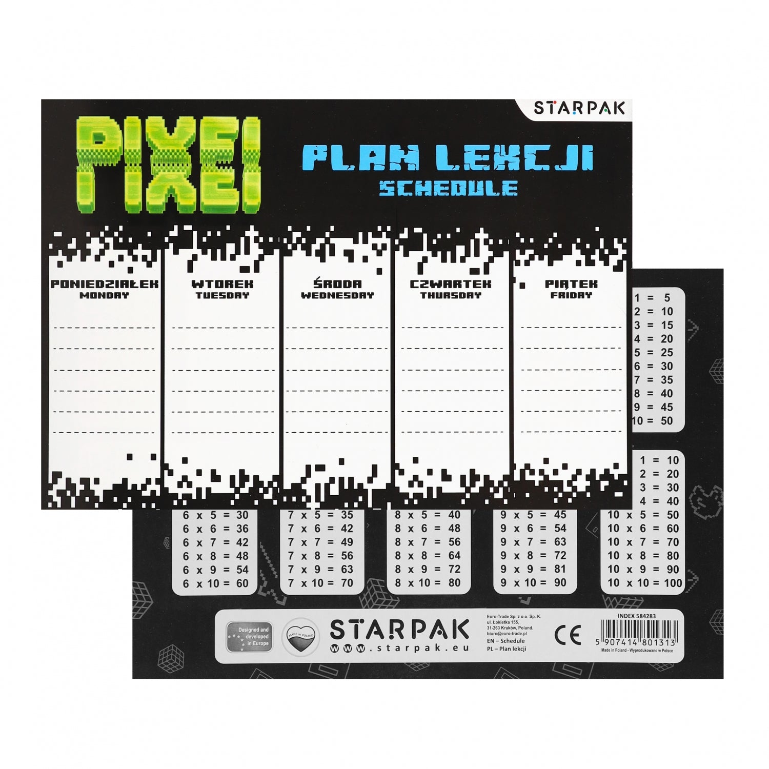 Plan lekcji A5 z tabliczką mnożenia Pixel Game A 25
