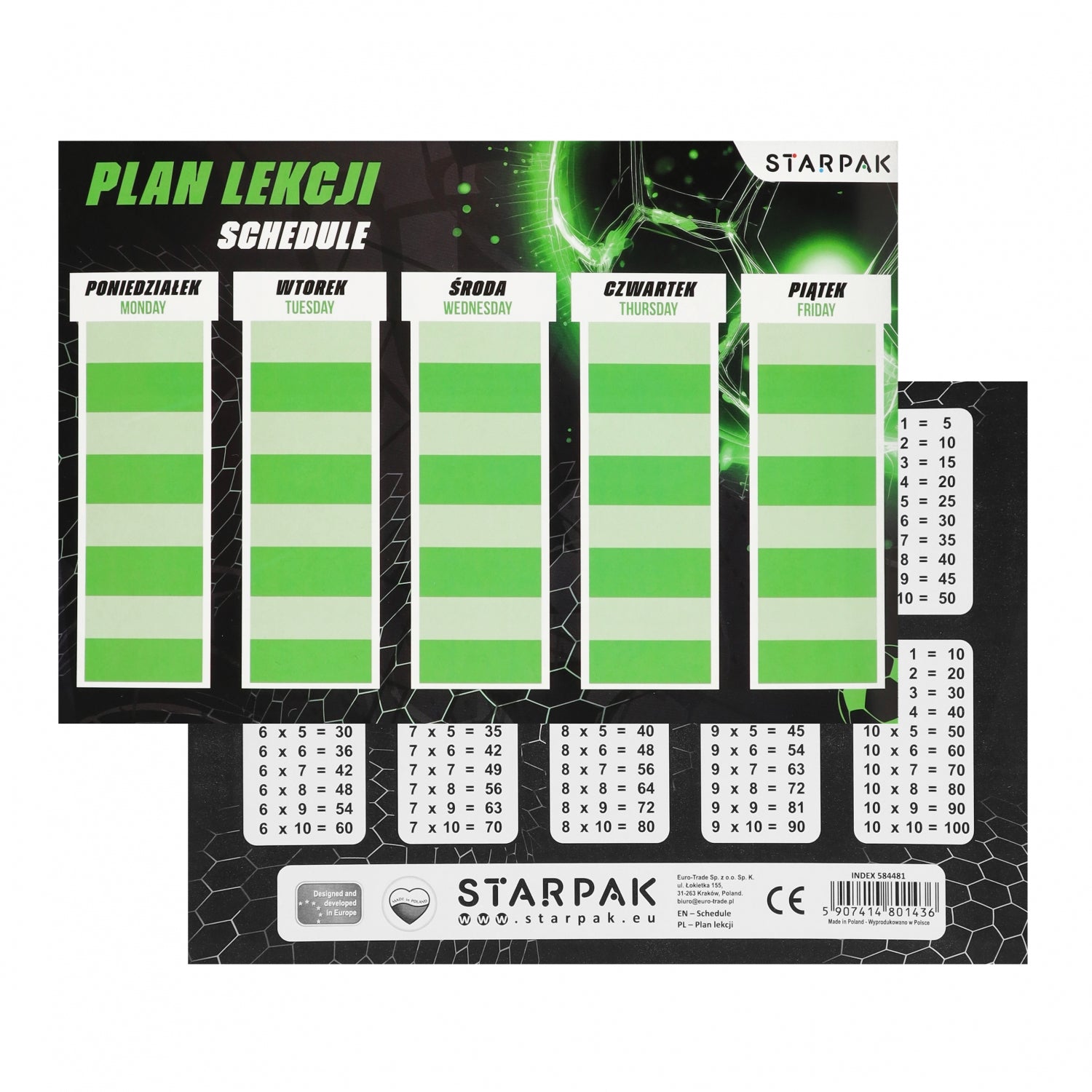 Plan lekcji A5 z tabliczką mnożenia Football A 25